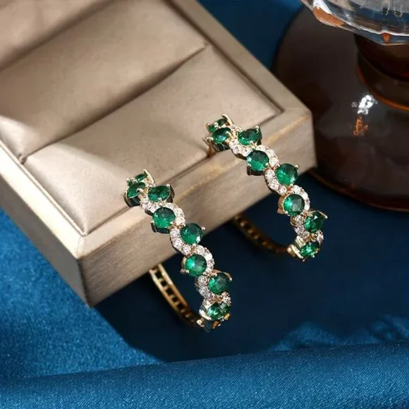 Emerald & Diamond 14K Yellow Gold Floral Hoop Earrings 14K Gold Womens Large 2ct Green Emerald 1ct Diamond Gemstone Hoop Earrings Hoops main image 2